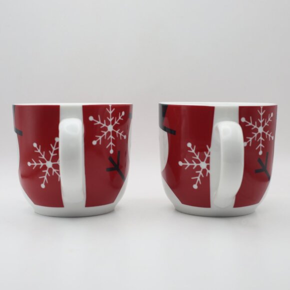 Crate and Barrel Snowman Black Top Hat Red White Mugs Set of 2 12 Ounce - Picture 2 of 6